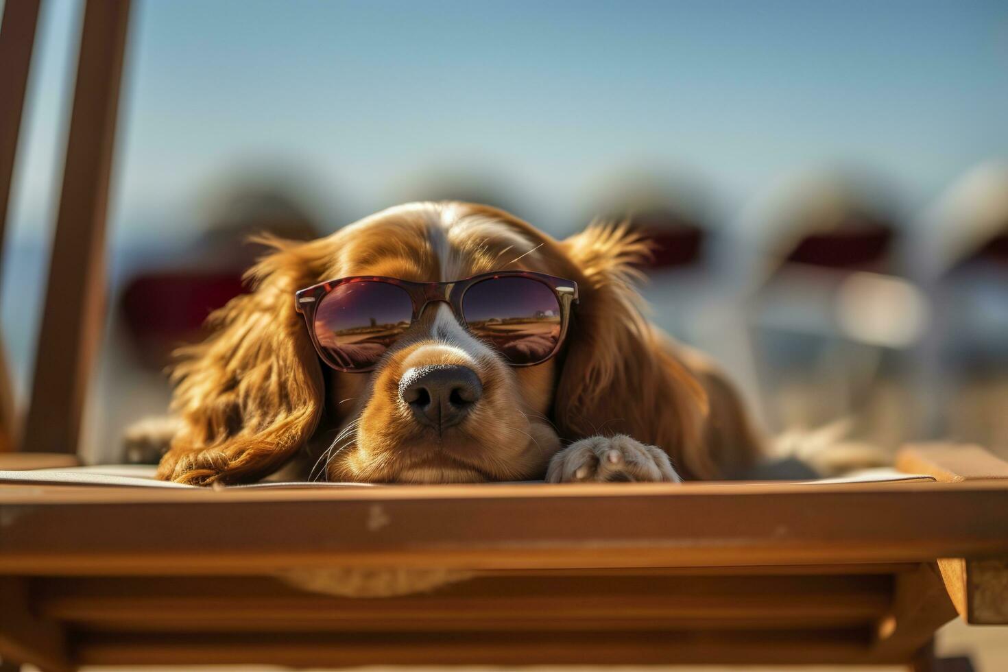 Dog Puppy wearing sunglasses, lying on a sunbed to sunbath at the beach sea on summer vacation, holidays. Funny concept. AI Generative photo