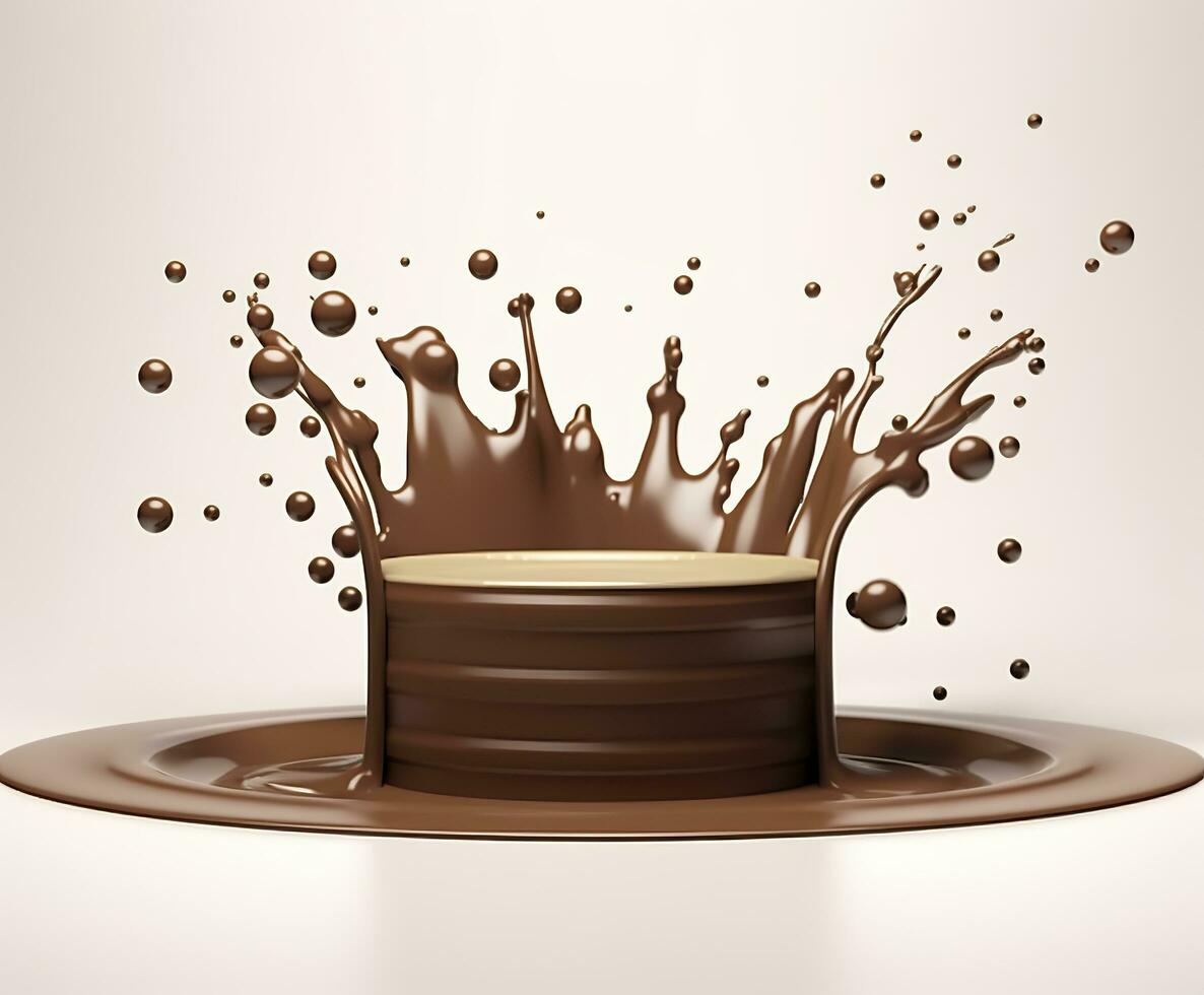 Chocolate splash with a podium, mockup background for milk product display, 3d. Generative AI photo