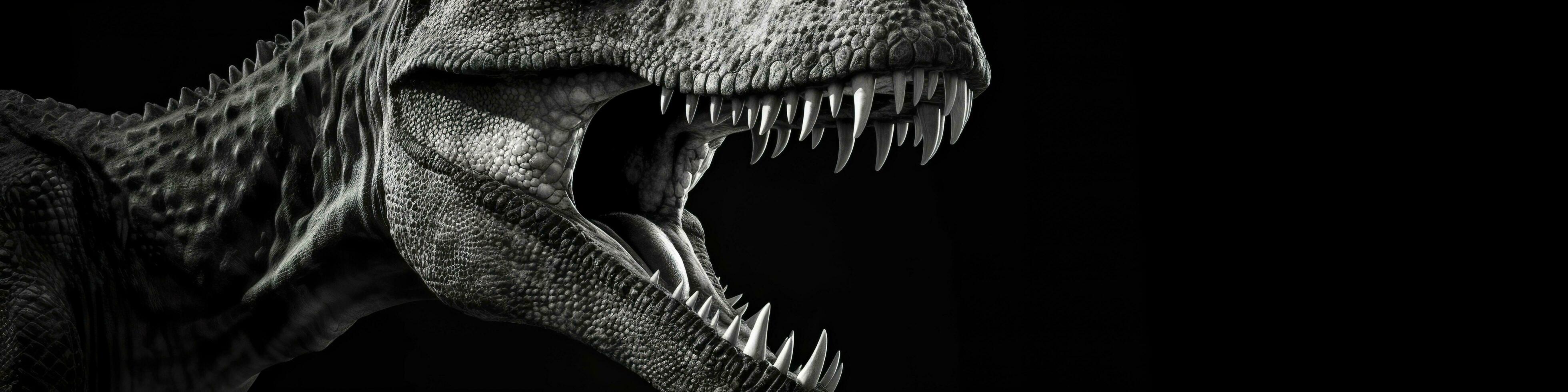 Black and white photorealistic studio portrait of a Tyrannosaurus Rex on black background. Generative AI photo