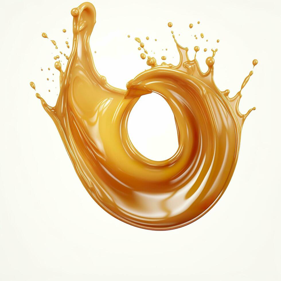 Caramel sauce, Liquid syrup splash, sugar candy caramel or melted toffee, 3d. Generative AI photo