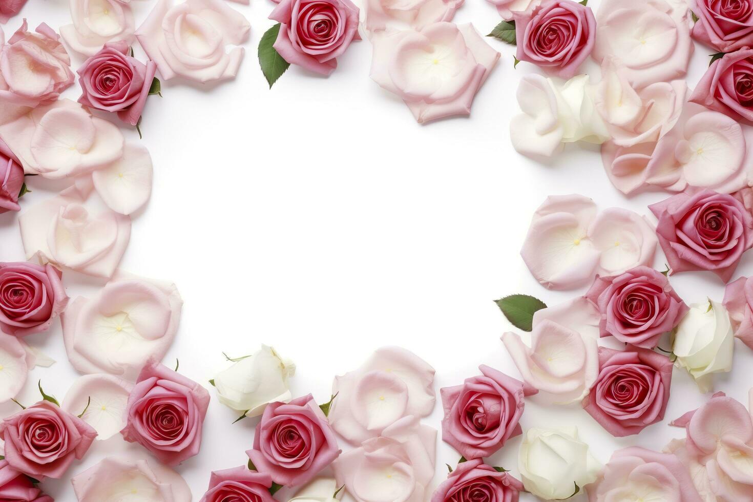 Close up of blooming pink roses flowers and petals isolated on white table background. Floral frame composition. Decorative web banner. Empty space, flat lay, top view. AI Generative photo