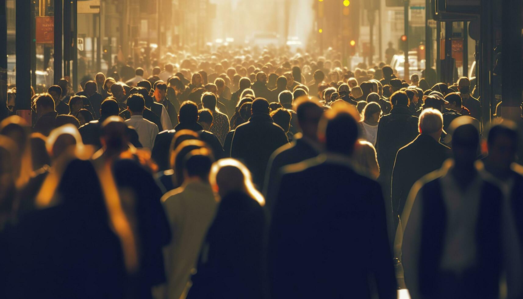 Crowd of people walking busy city street backlit. Generative AI photo