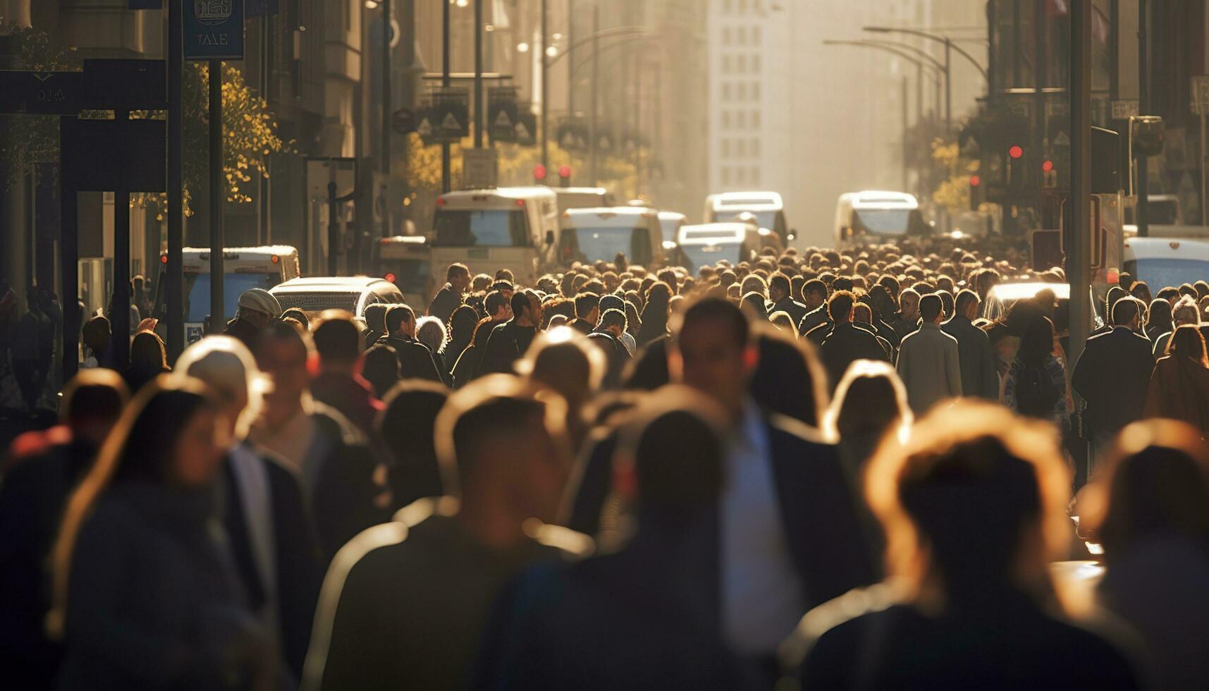 Crowd of people walking busy city street backlit. Generative AI photo