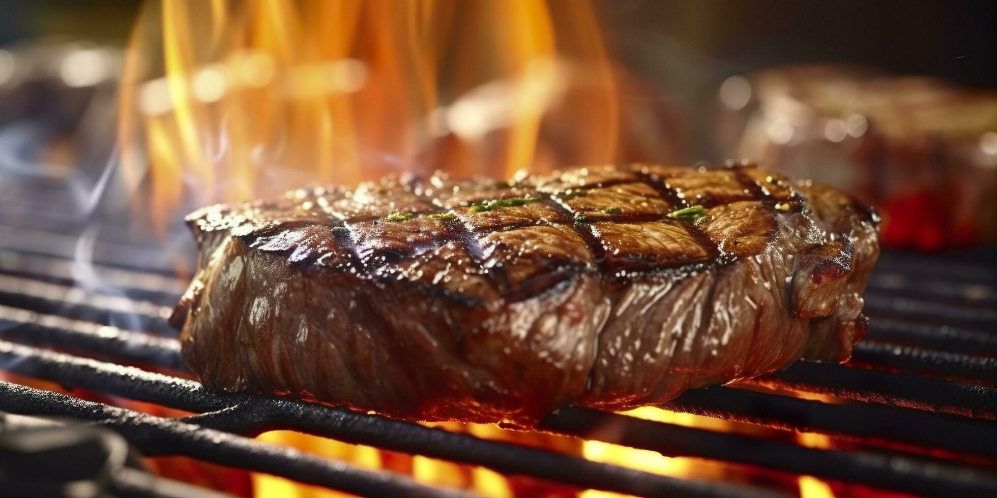 Beef ribeye steak grilling on a flaming grill. Generative AI photo