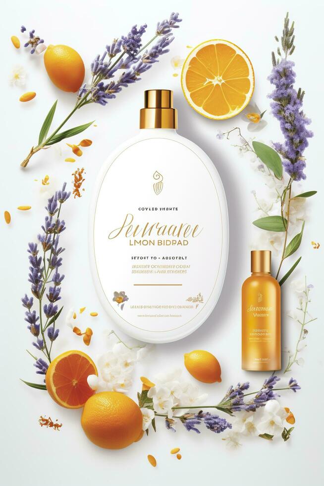 Beautiful flyer to present a store that sells products, body care, soap, cream, oil. Generative AI photo