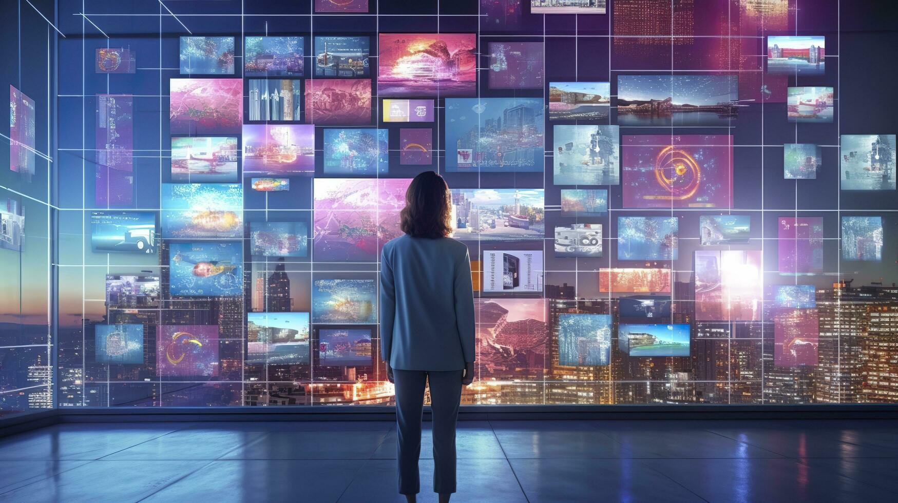 A person watching a video wall with multimedia images on different television screens. Generative AI photo