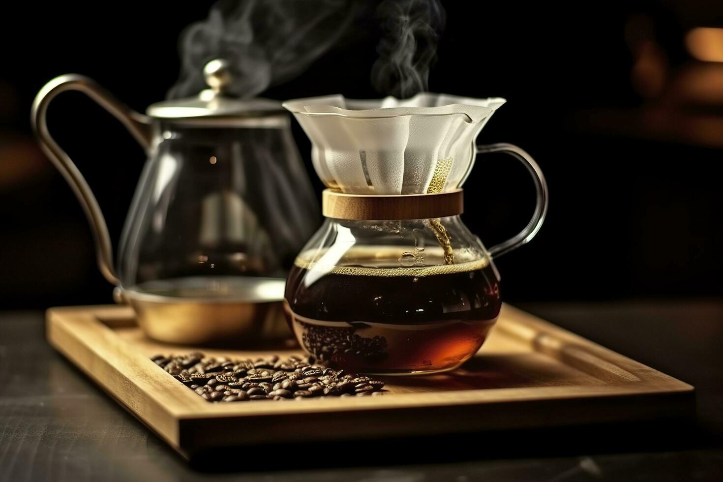 An alternative coffee brewing method is pure over, a glass teapot on a wooden tray. Generative AI photo