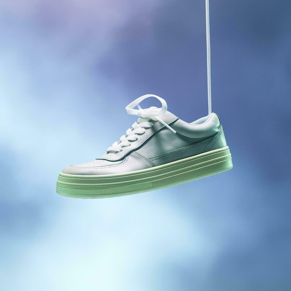 A white, blue, and green casual shoe is suspended in the air, in the style of hazy, dreamlike quality, AI Generative photo