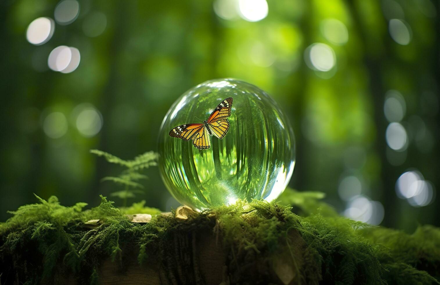 mariposa y cristal pelota en un árbol tocón en el bosque, natural verde antecedentes. generativo ai foto