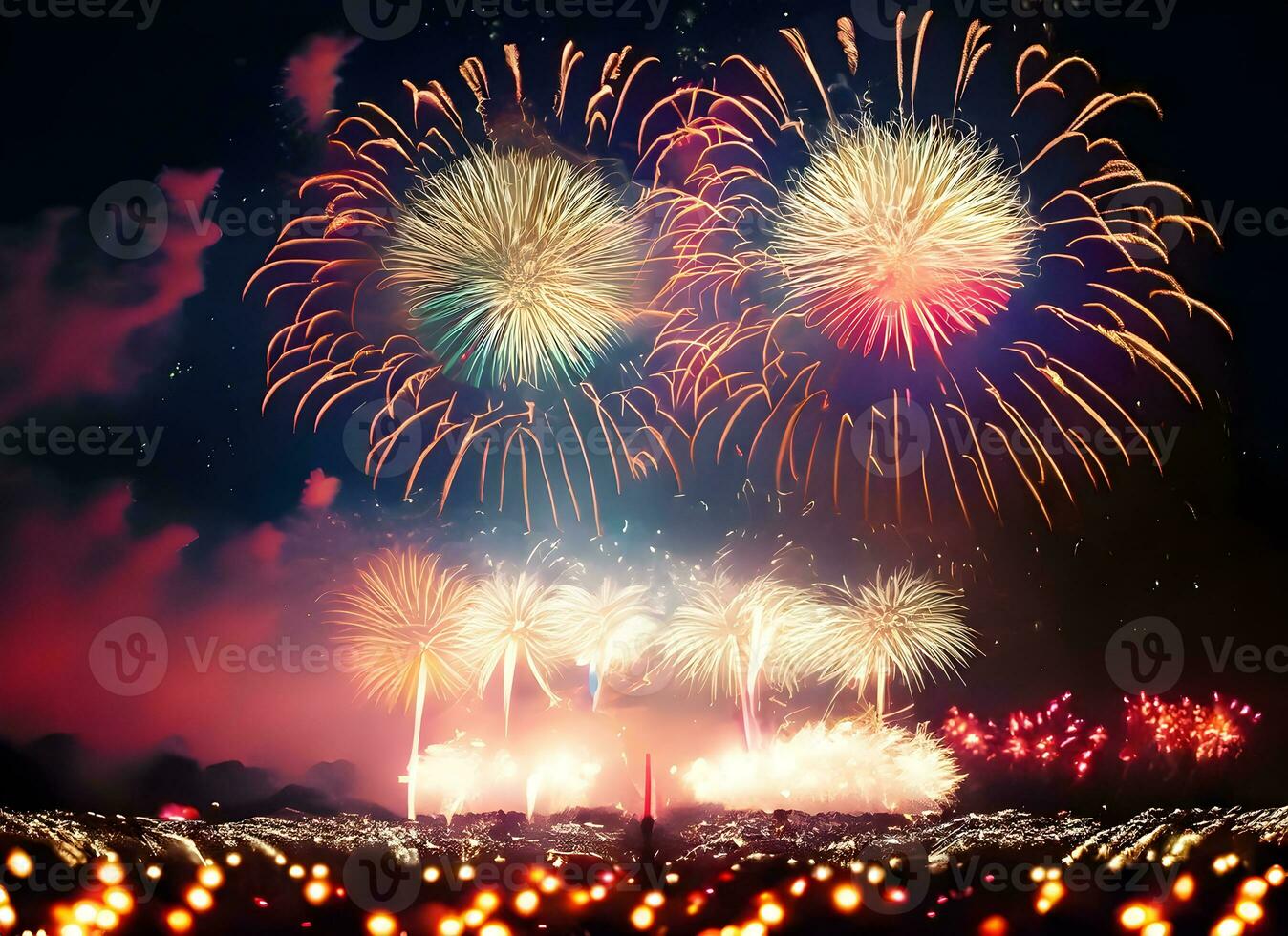 Celebrate Happy new year fireworks background. Generative Ai. photo