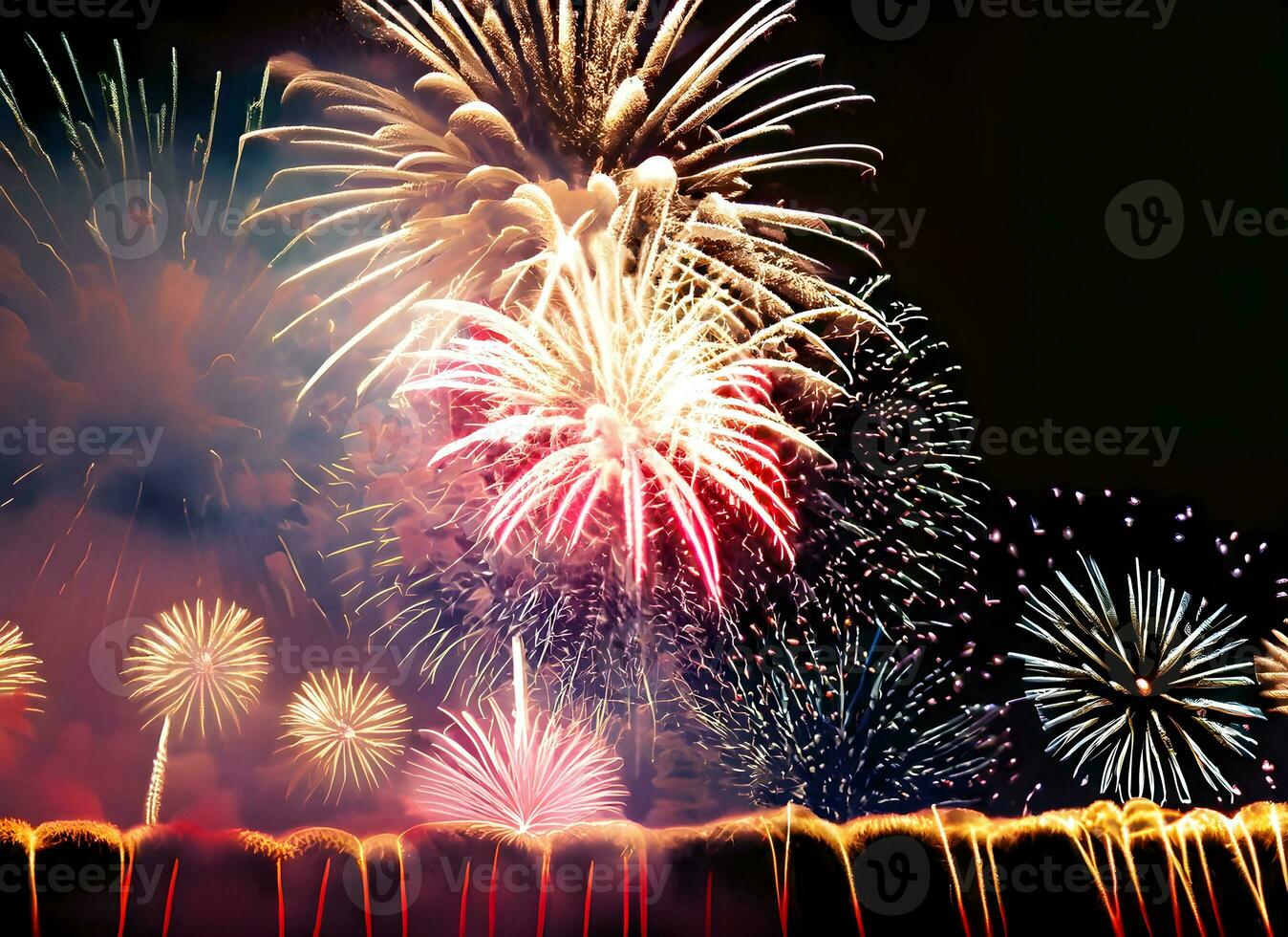Celebrate Happy new year fireworks background. Generative Ai. photo