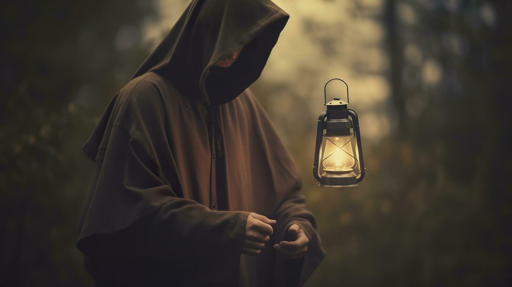 A hooded figure with a lantern searching for something. Generative AI photo