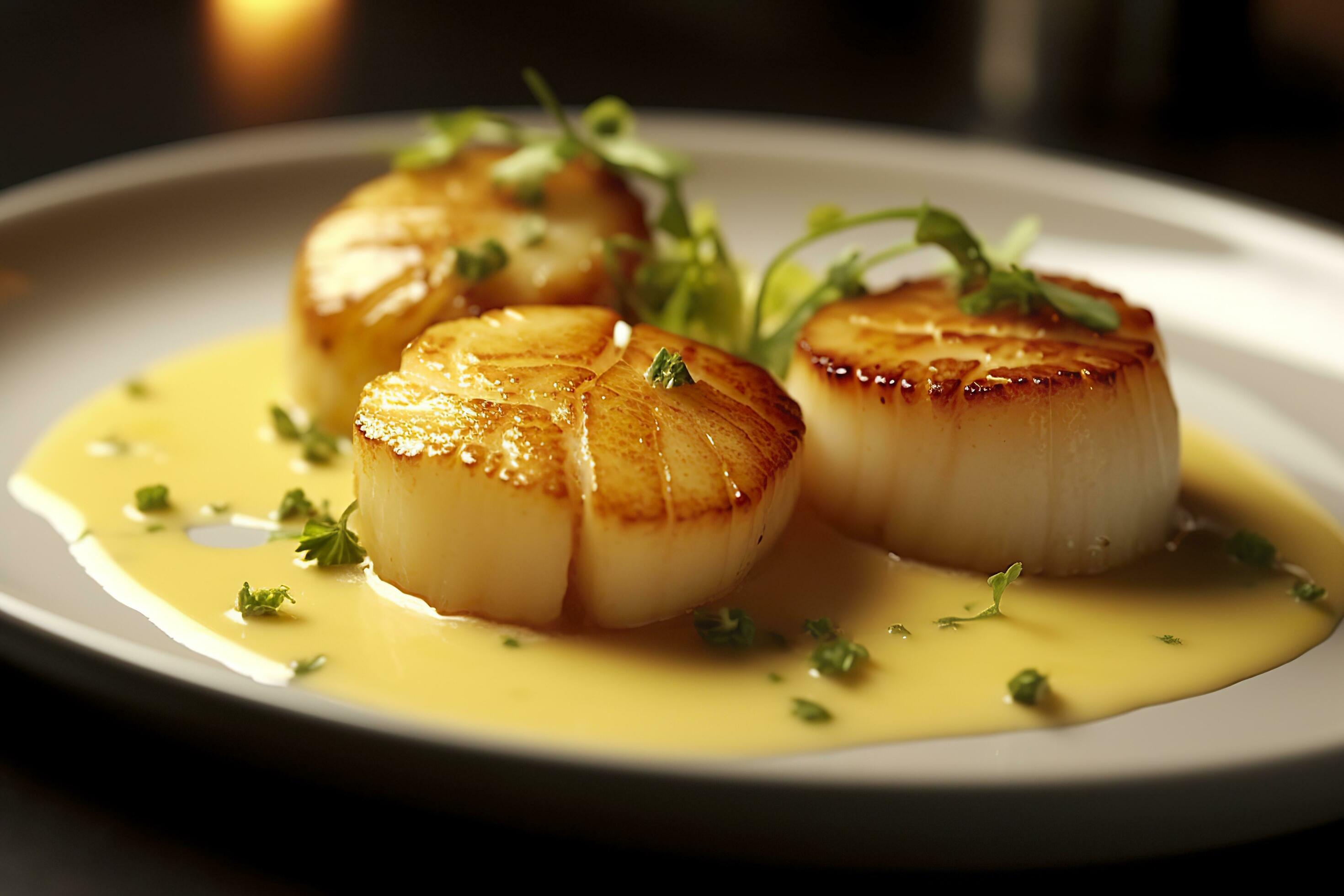 Closeup of pan seared diver scallops with lemon beurre blanc