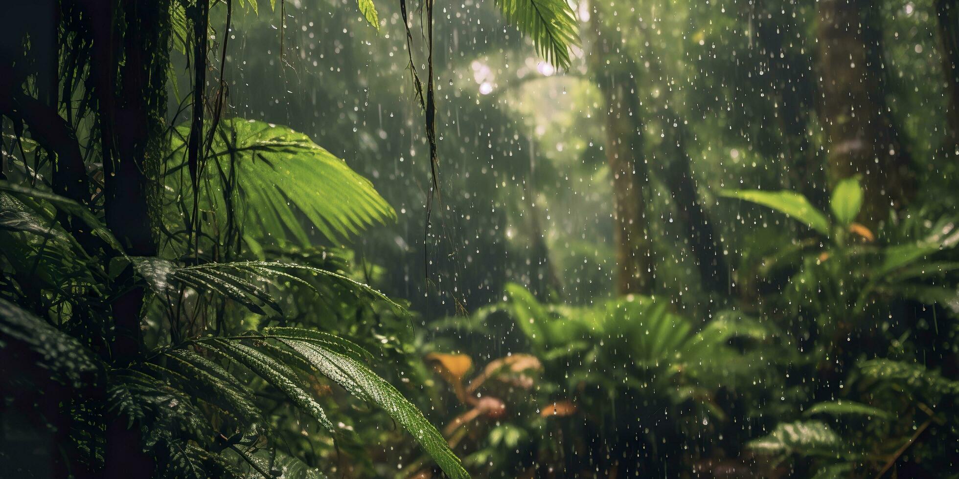 Rain falls in a rainforest with the rain drops. Generative AI photo