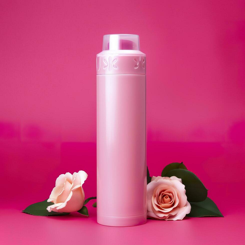 Amazon Product Picture Body Wash, Cylinder Bottle Solid Color pink background, with roses, AI Generative photo