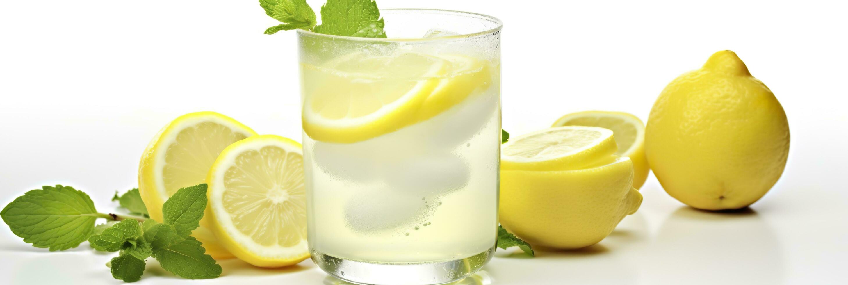 Lemonade in a glass with fresh lemons and mint. Cold summer drink with copy space. Generative AI photo