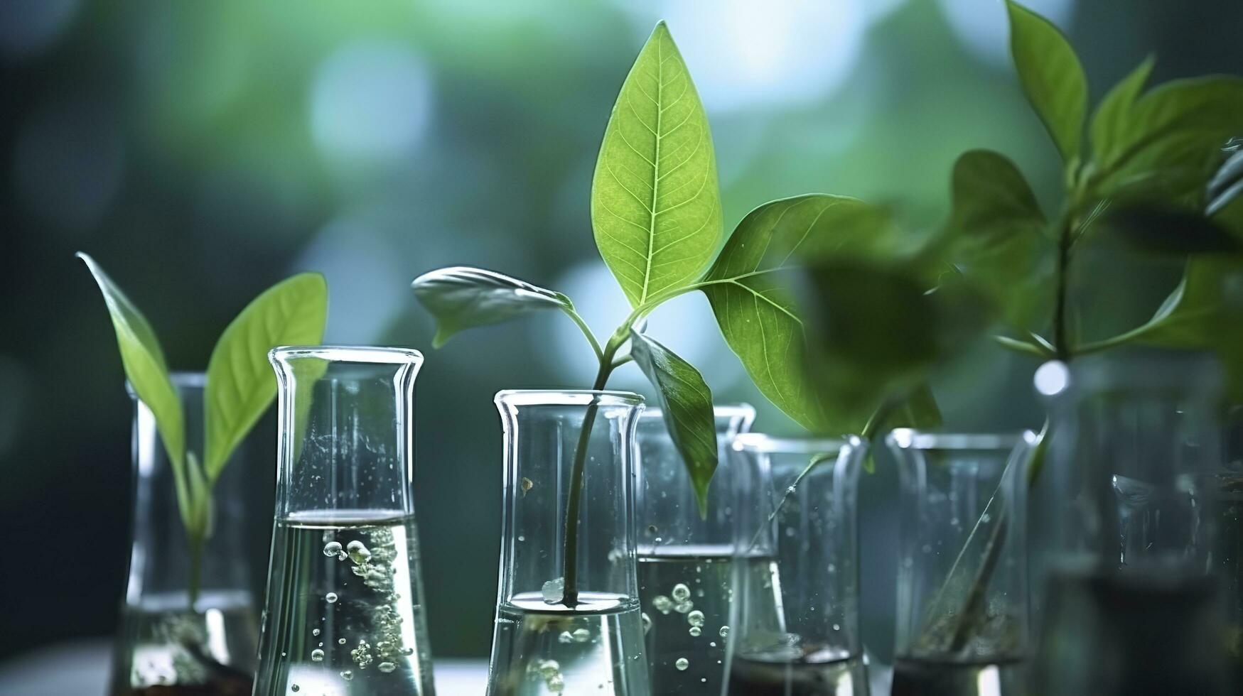 Biotechnology concept with green plant leaves, laboratory glassware, and conducting research, illustrating the powerful combination of nature and science in medical advancements.  AI Generative photo