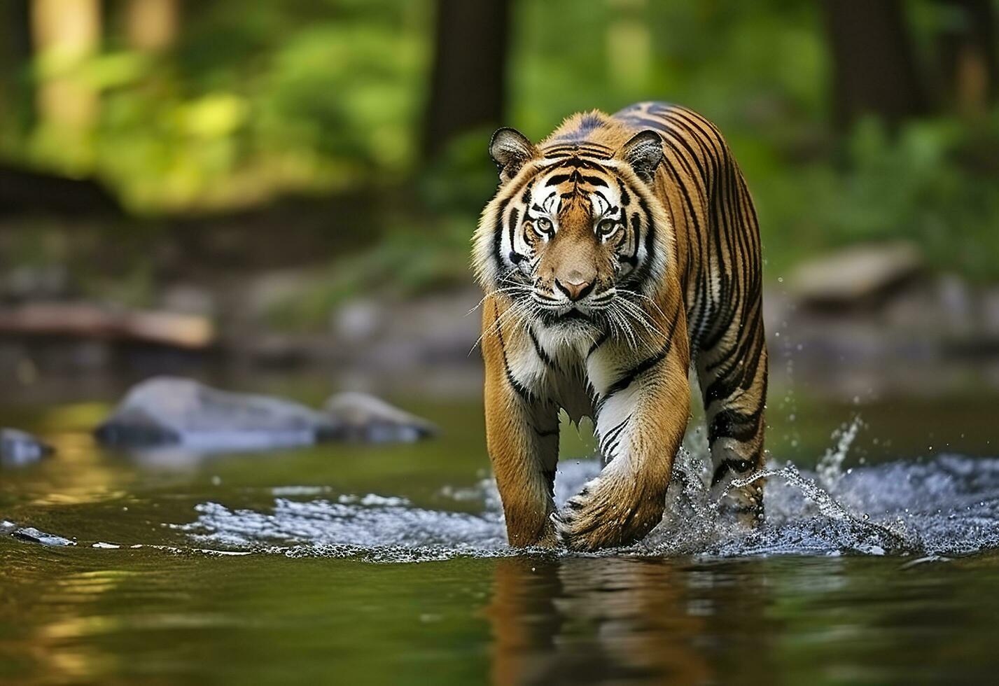 Amur tiger walking in the water. Dangerous animal.  Animal in a green forest stream. Generative AI photo