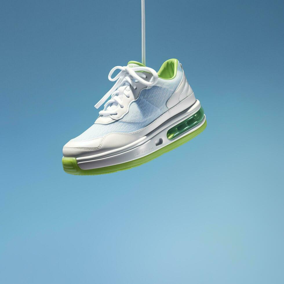 A white, blue, and green casual shoe is suspended in the air, in the style of hazy, dreamlike quality, AI Generative photo