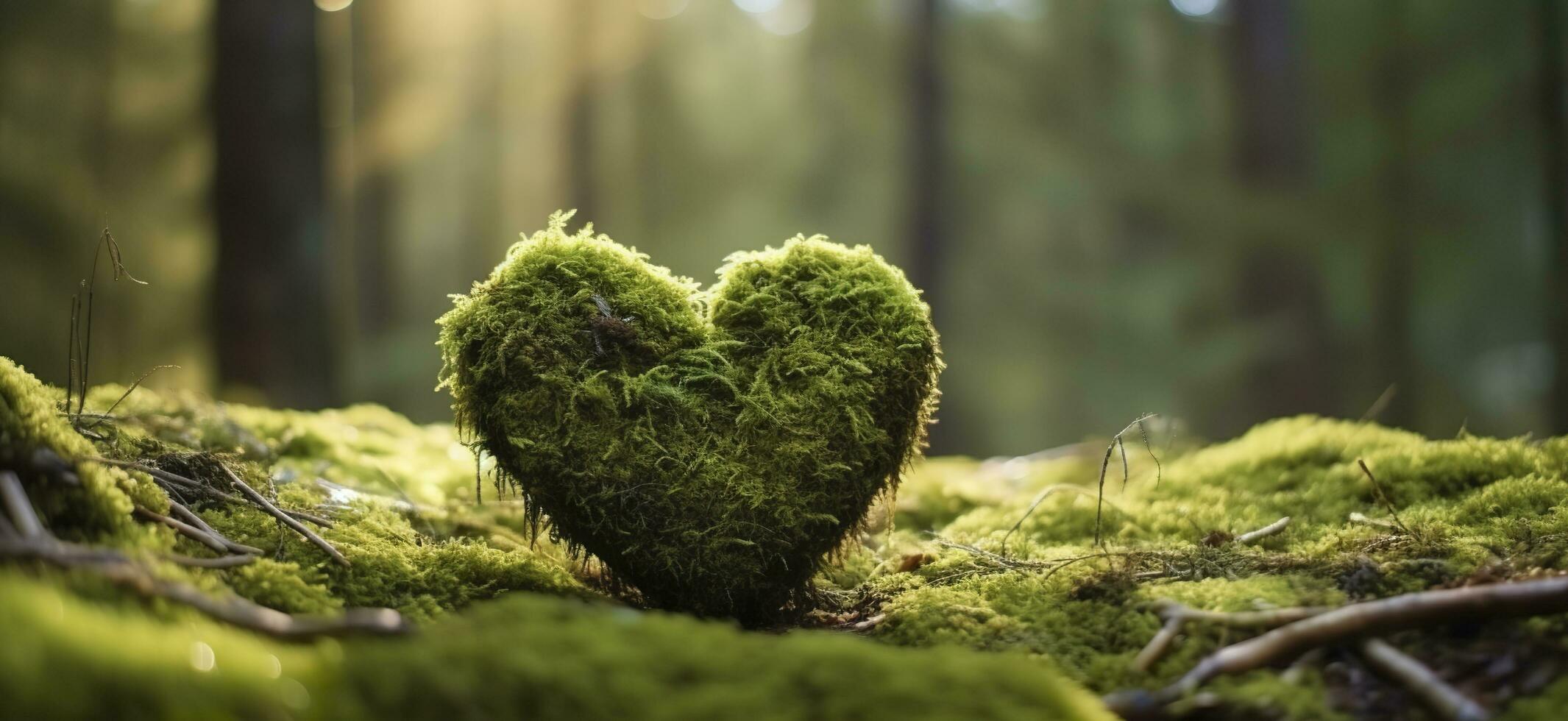 Closeup of wooden heart on moss. Natural burial grave in the woods. Generative AI photo