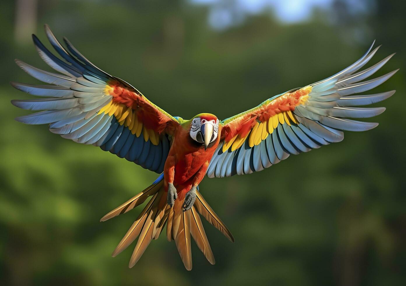 Flying macaw, beautiful bird. Generative AI photo