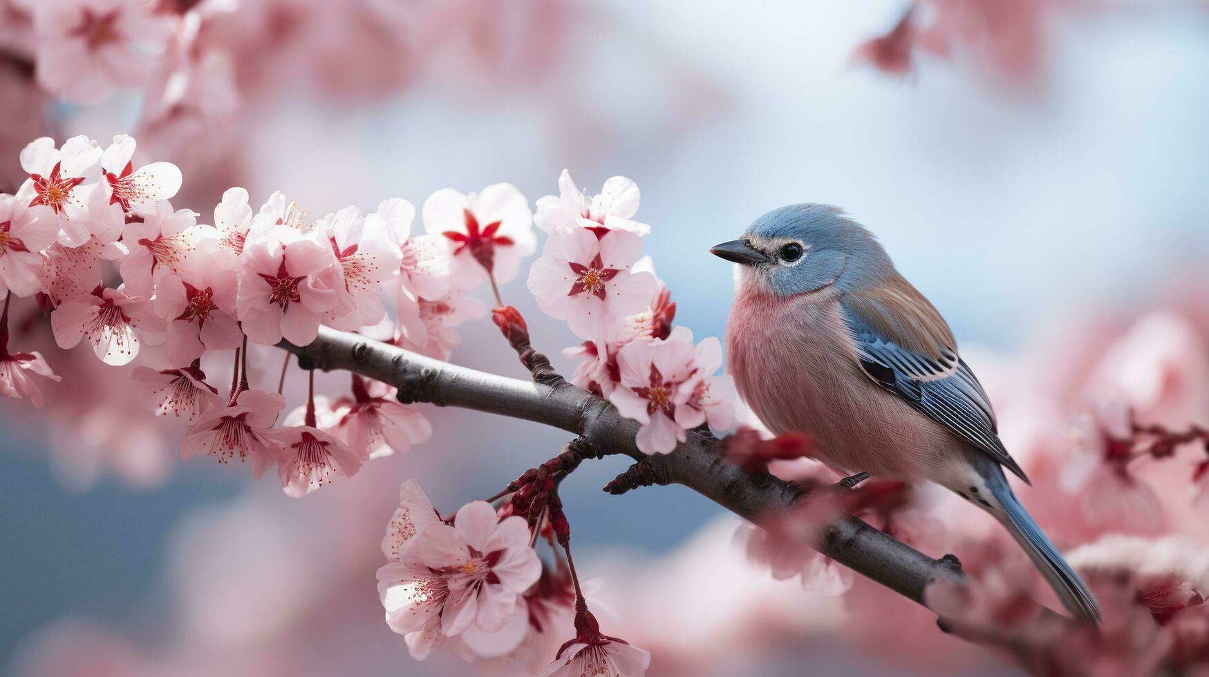 Birds sitting in a tree filled with cherry blossom flowers. Generative AI photo