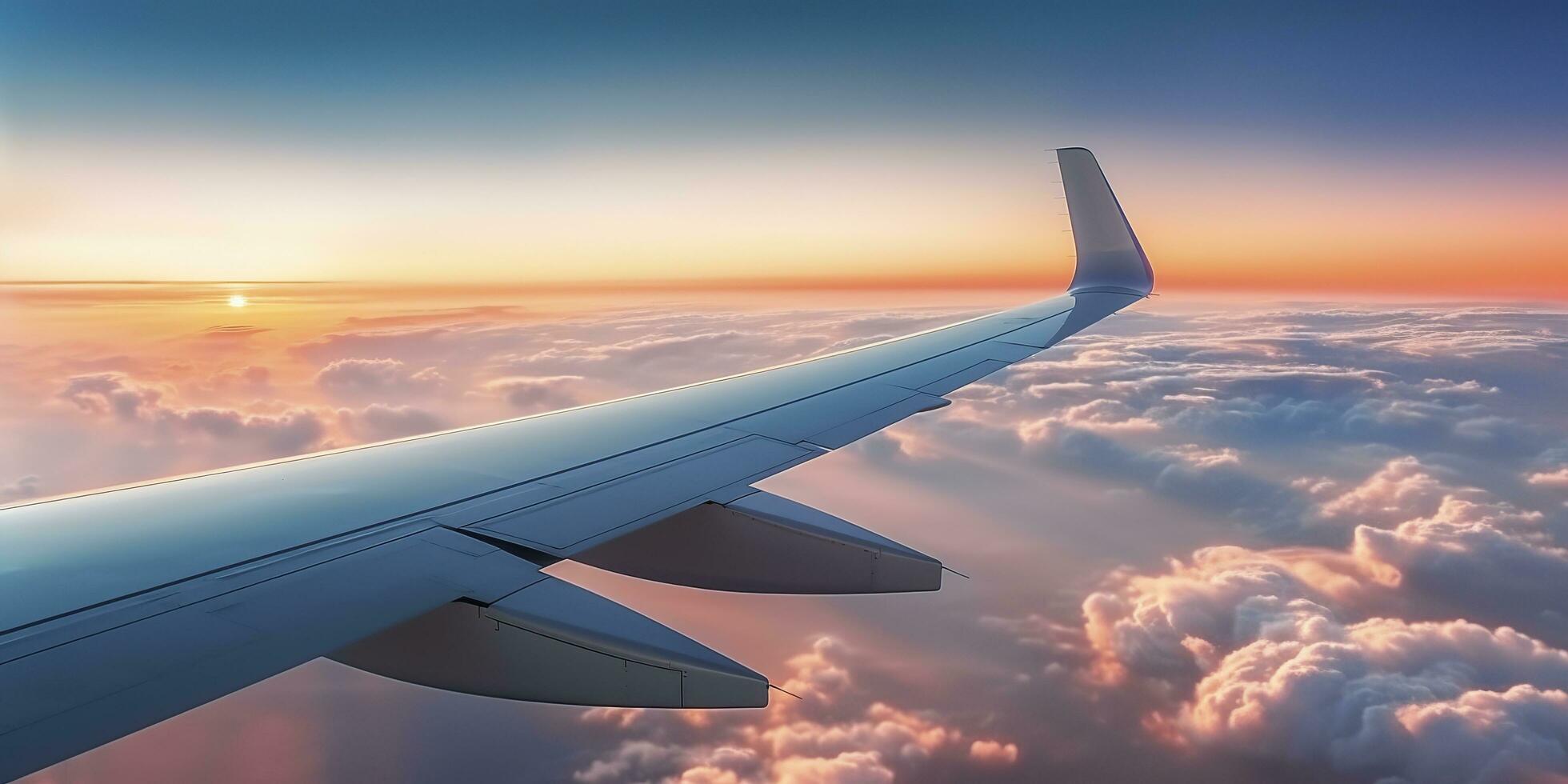 Airplane plane wing at sunset time through clouds, AI Generative photo