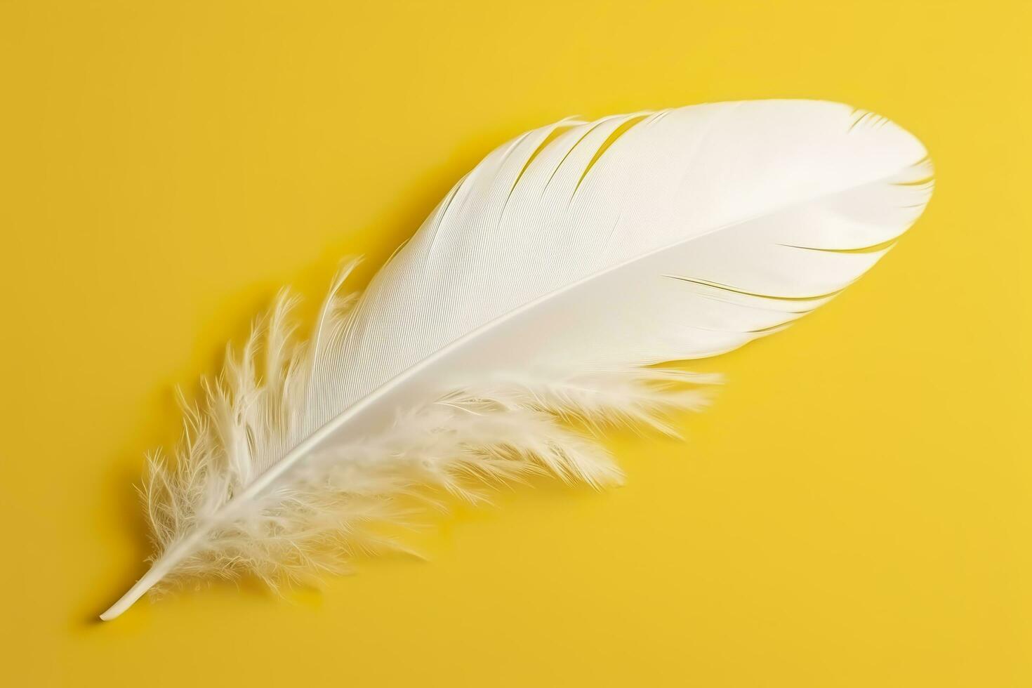 Close up of bright white feather. Copy space, yellow background. Fashion and Party concept. AI Generative photo