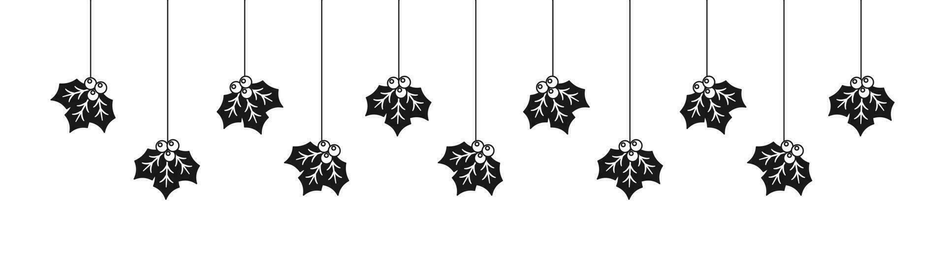 Merry Christmas Border Banner, Hanging Mistletoe Garland Silhouette. Winter Holiday Season Header Decoration. Vector illustration.