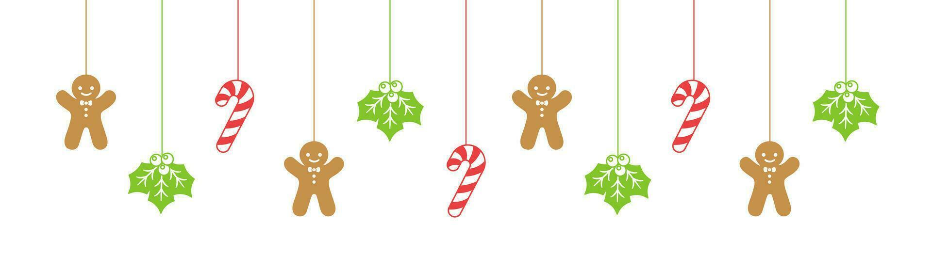 Merry Christmas Border Banner, Hanging Gingerbread Cookies and Mistletoe Garland. Winter Holiday Season Header Decoration. Biscuits in Festive Shapes Template. Vector illustration.