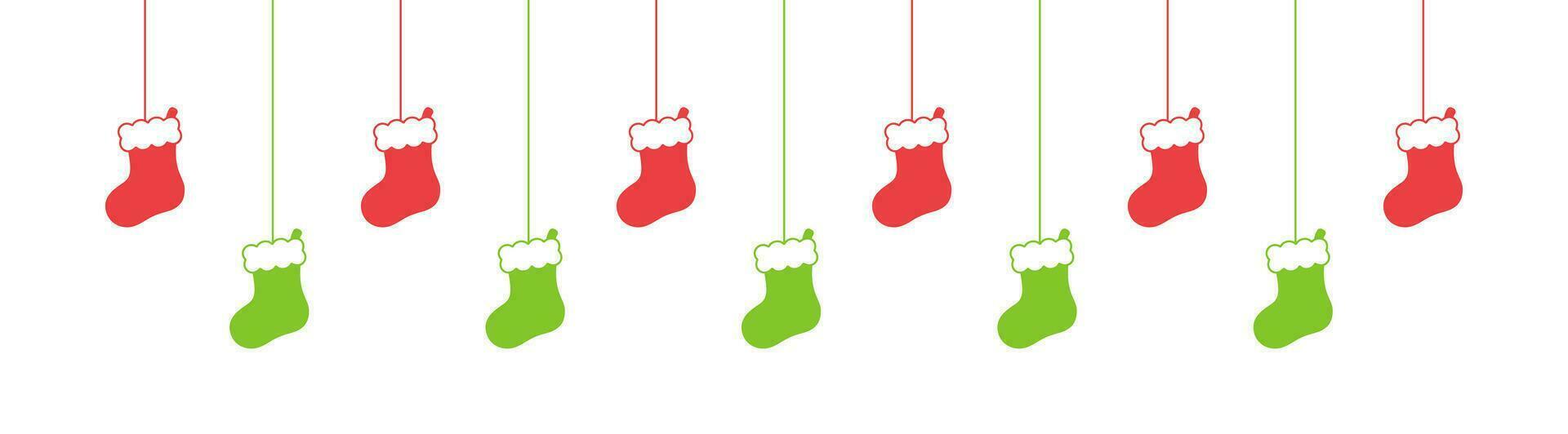 Merry Christmas Border Banner, Hanging Santa Stockings Garland. Winter Holiday Season Header Decoration. Web Banner Template. Vector illustration.
