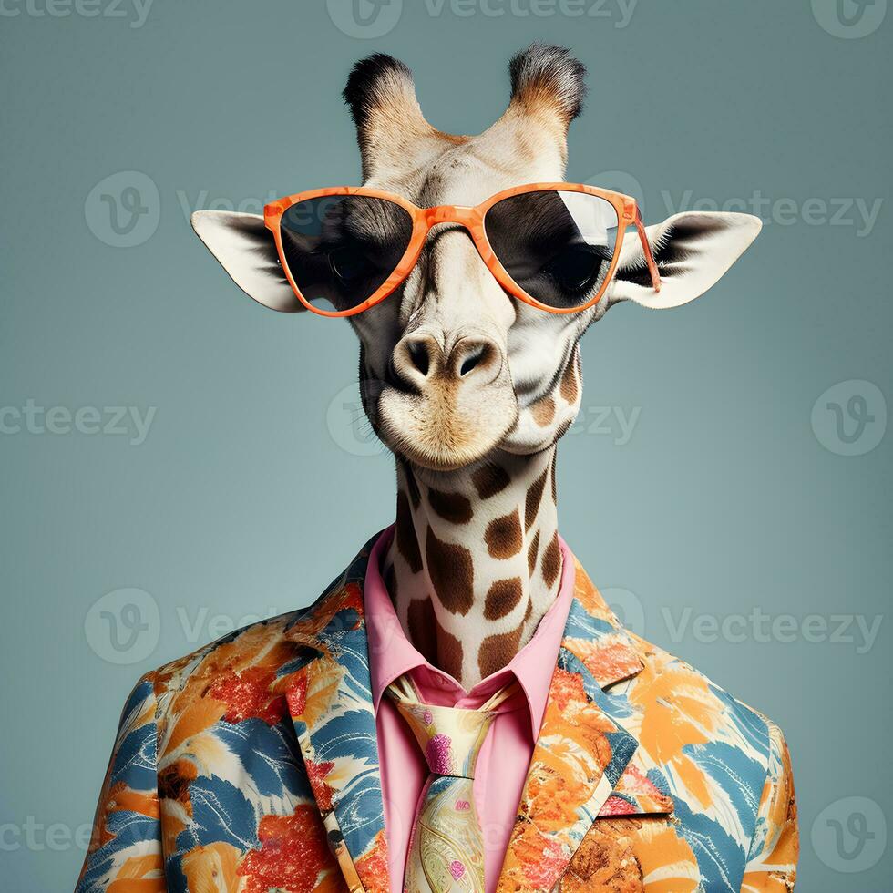 The Cool giraffe wearing suit clothes and glasses, Modern background. Concept Fashionable animals. Generative Ai. photo