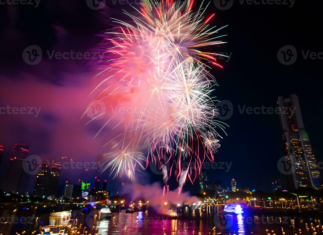 Celebrate Happy new year fireworks background. Generative Ai. photo