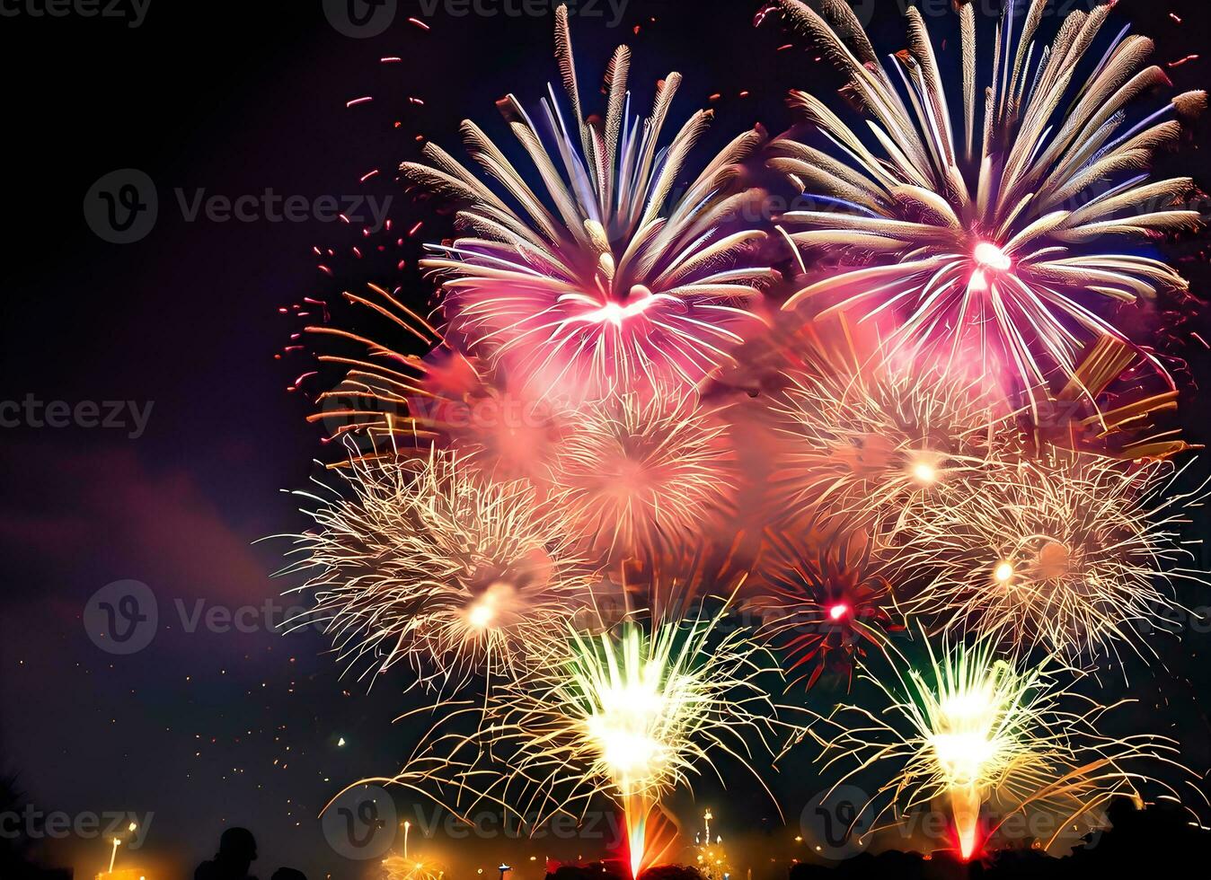 Celebrate Happy new year fireworks background. Generative Ai. photo