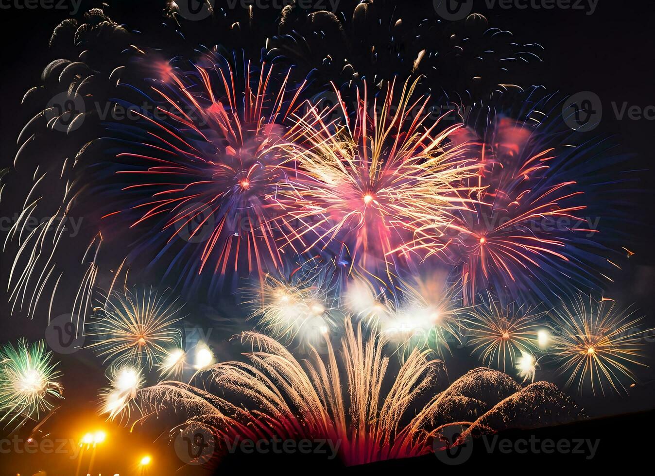 Celebrate Happy new year fireworks background. Generative Ai. photo
