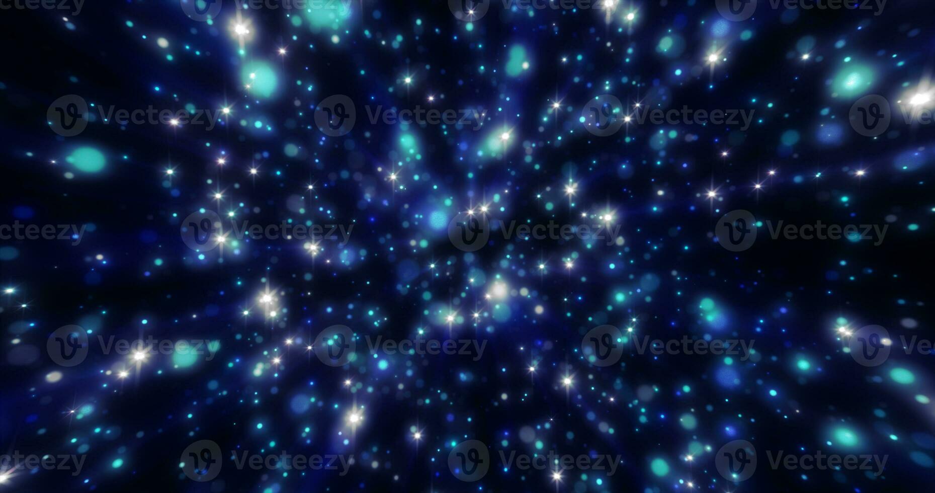 Abstract blue background of small round bokeh particles, beautiful holiday snowflakes, magical snow, energetic bright glowing cosmic stars photo