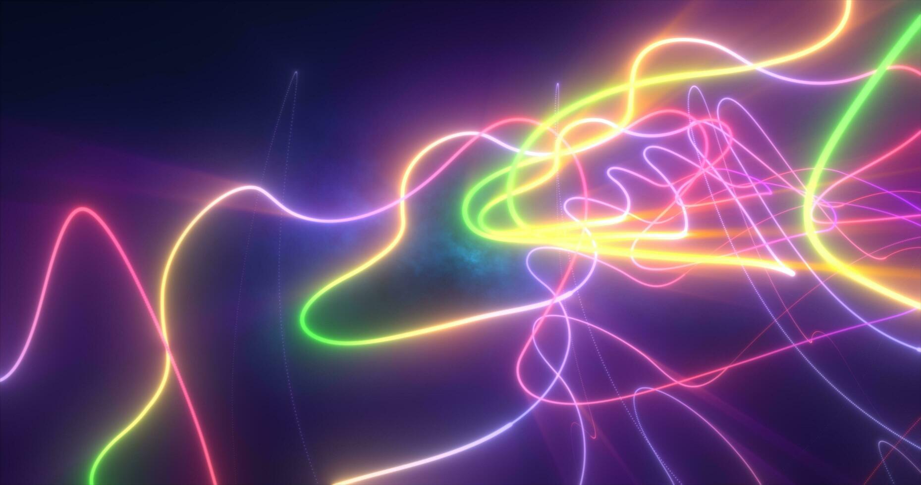 Abstract multi-colored rainbow neon energy laser lines flying on a black background photo