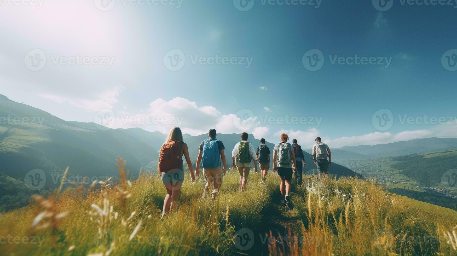 Candid Photo of Friends Hiking Together in the Mountains. Adventure Journey Concept