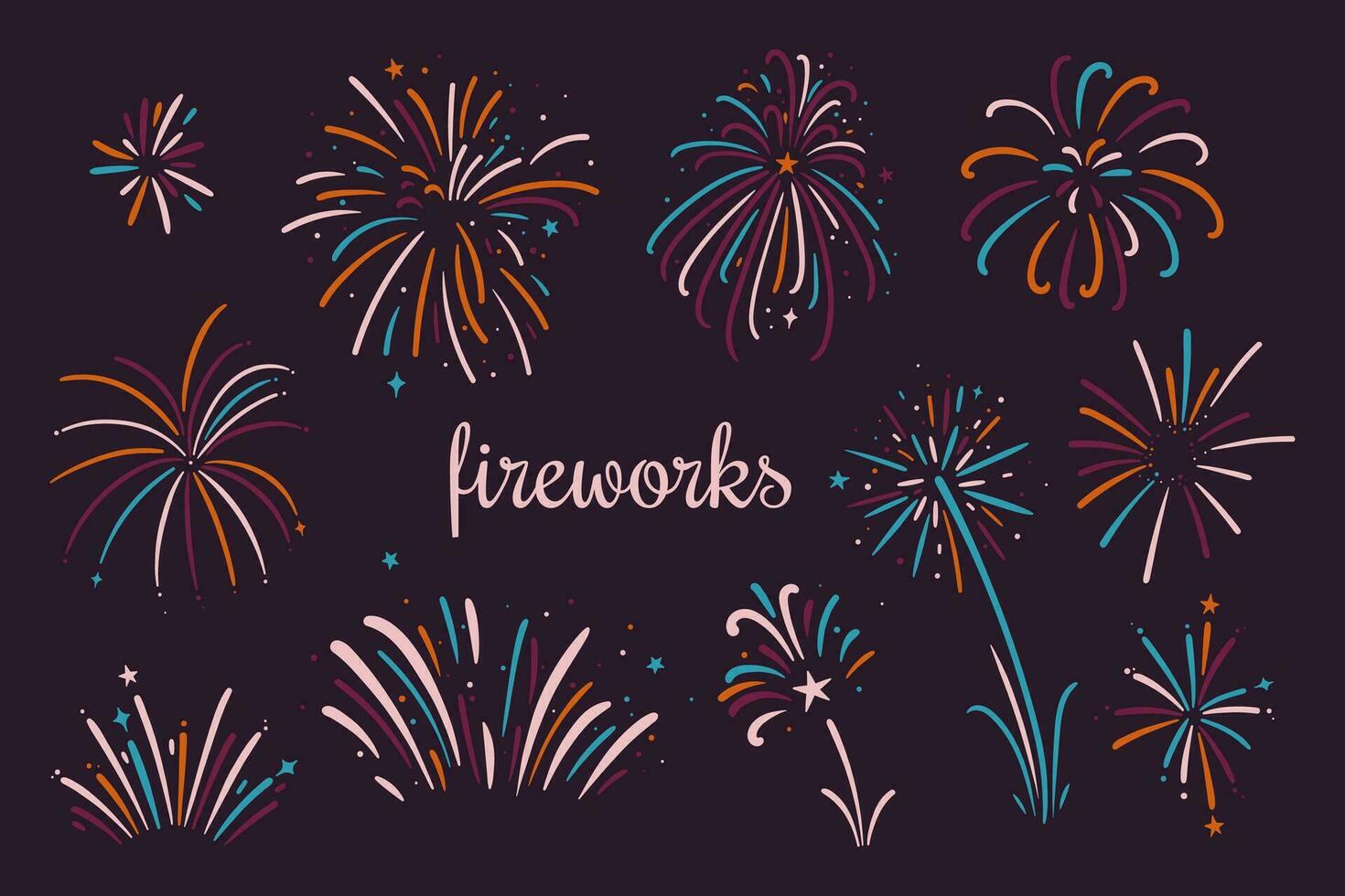 Collection of festive fireworks on a dark background. Vector graphics.