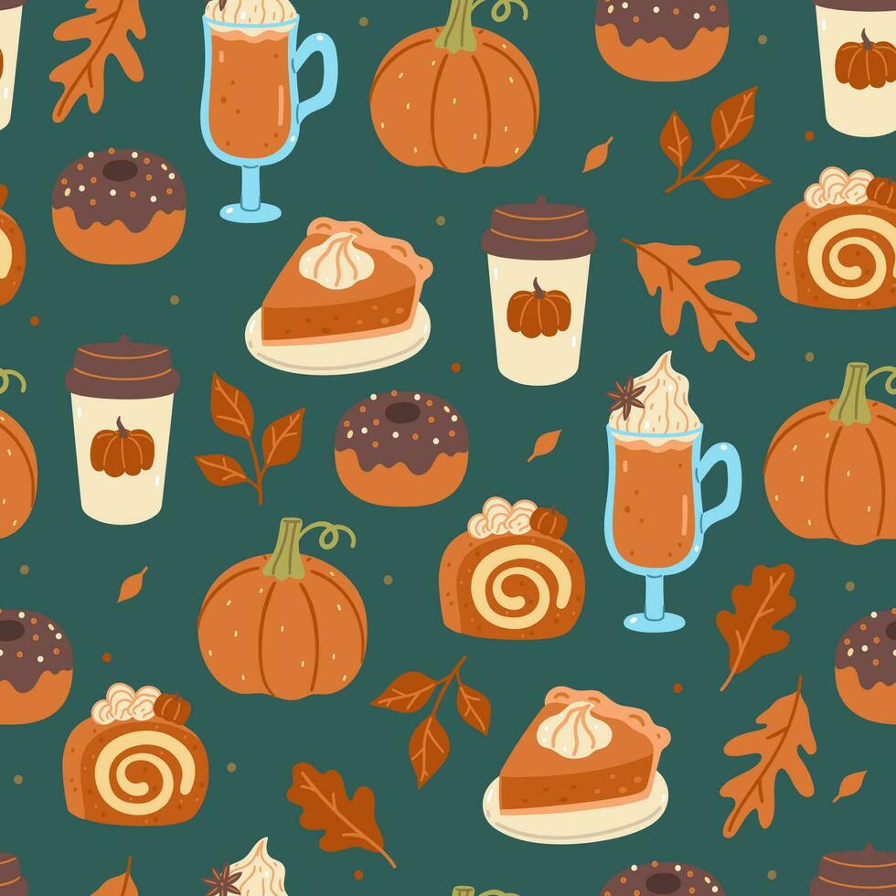 Seamless autumn pattern with pumpkin drinks and desserts. Vector graphics.