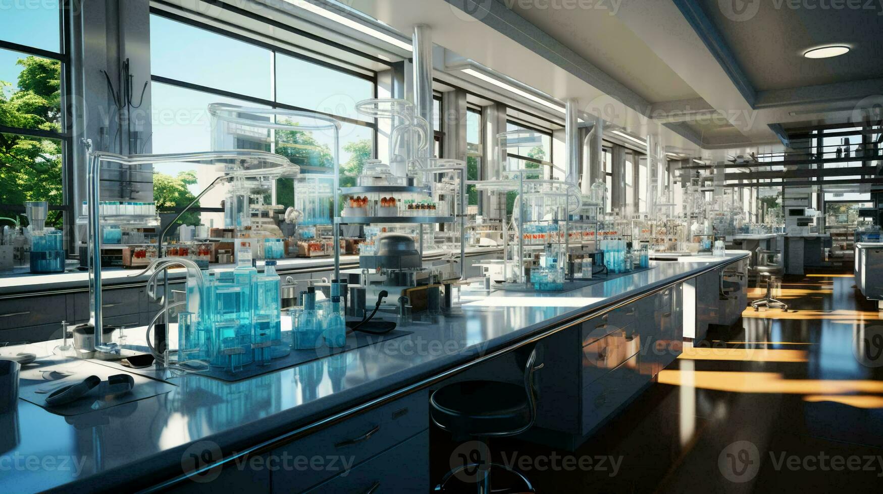 Modern scientific chemical medical research laboratory with equipment and flasks for conducting research and testing experiments photo