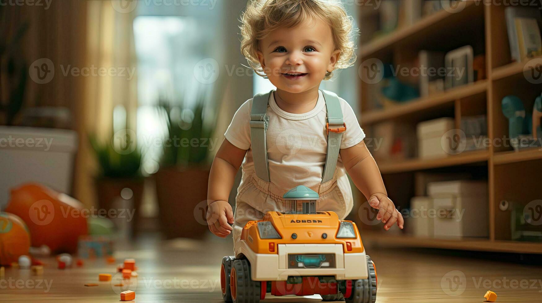 Little joyful child smiles and plays with a toy car in the room, the boy rides a car photo