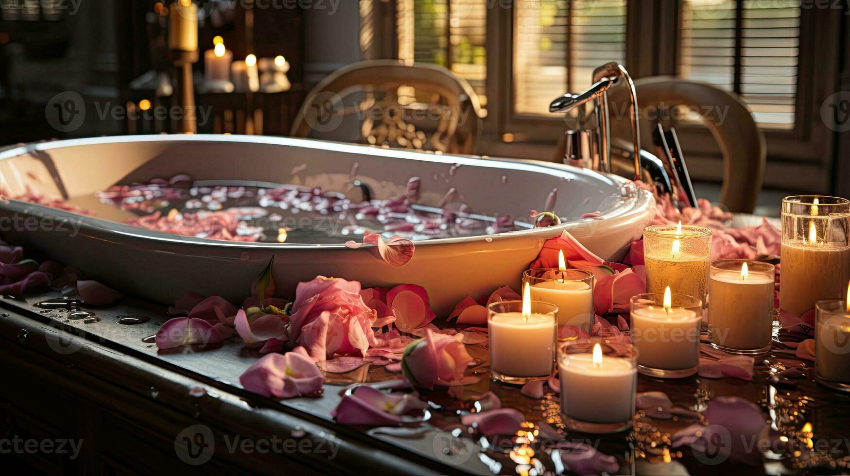 Warm romantic relaxing bath with rose petals and burning candles 33047177  Stock Photo at Vecteezy