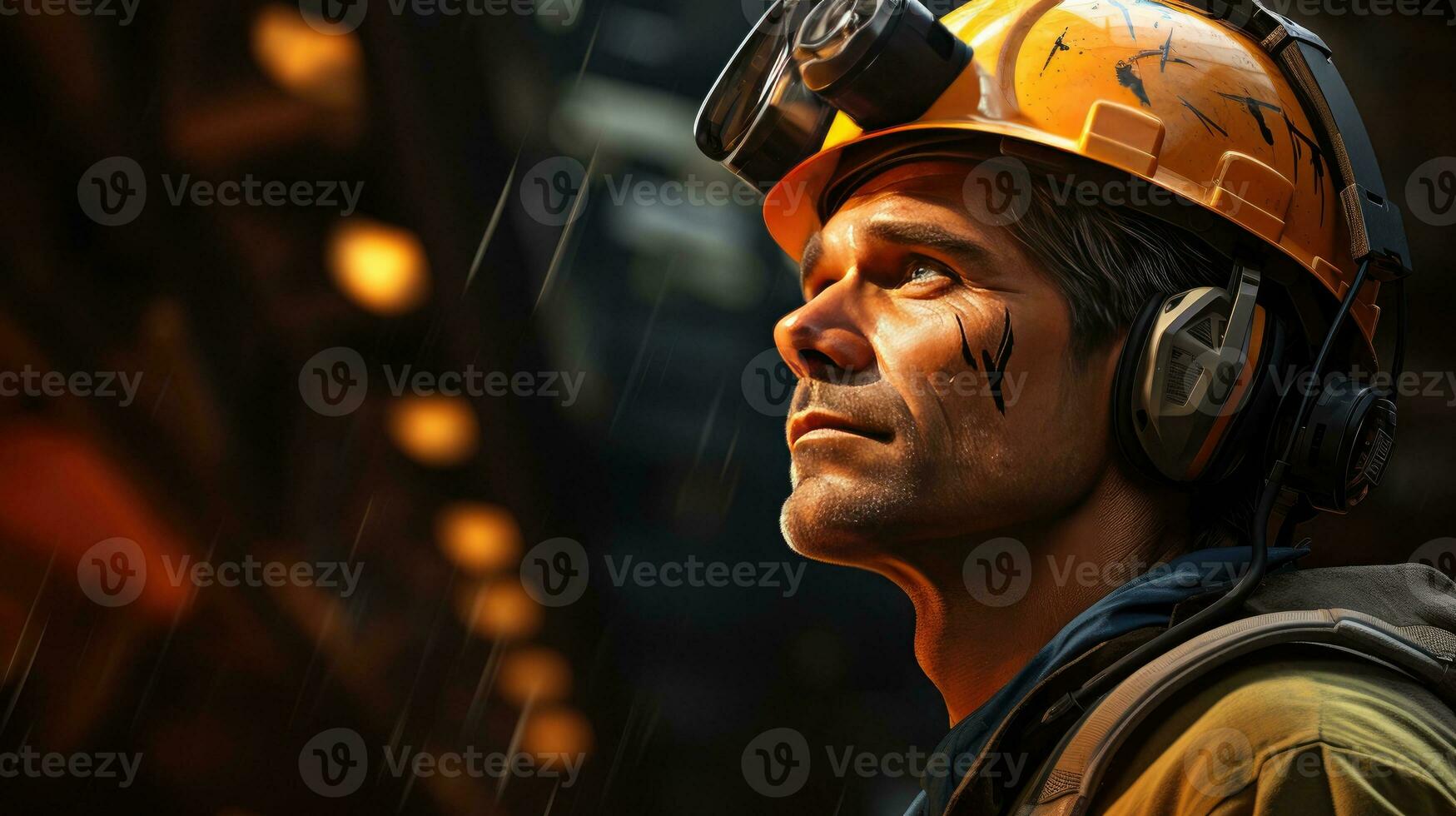 Close view of a male factory worker in a safety helmet, an engineer in industrial production photo