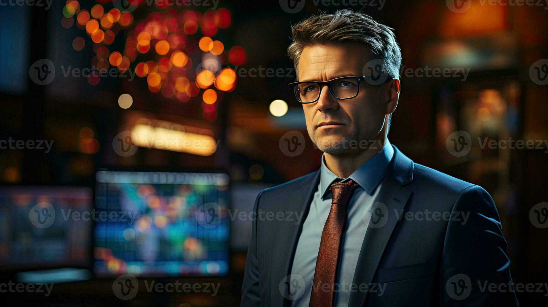 Handsome male news anchor in a classic suit in the studio photo