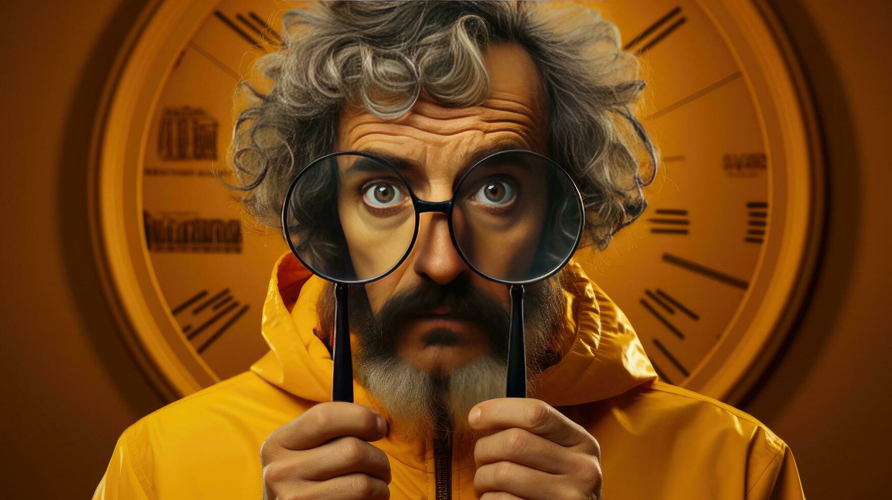 Male detective expert with a magnifying glass looking for evidence, concept of police work searching for criminals, investigation photo