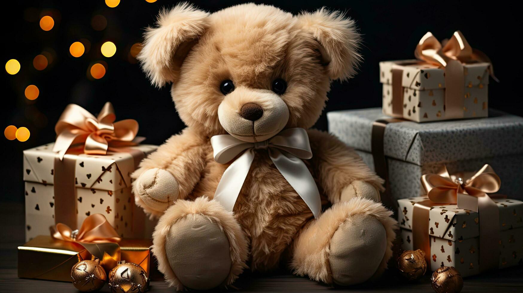Cute plush toy soft bear and boxes with gifts for Christmas and New Year photo