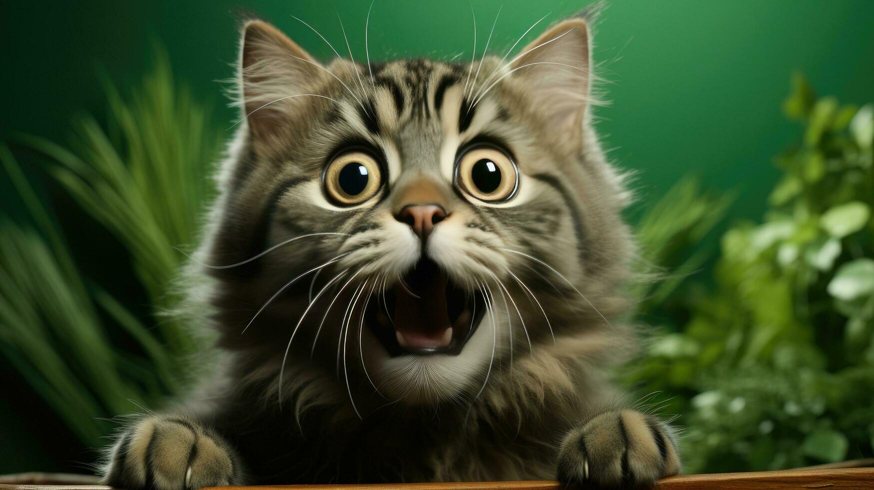 Surprised face muzzle of a screaming cat with open mouth on a green background photo