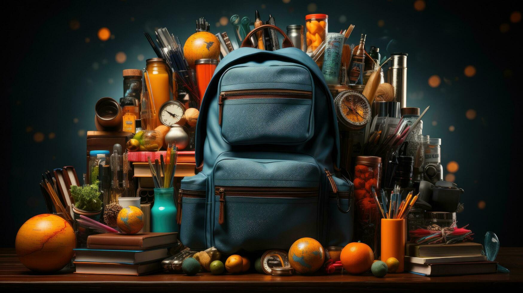 School backpack for textbooks pens pencils books and other educational supplies for learning, back to school concept photo