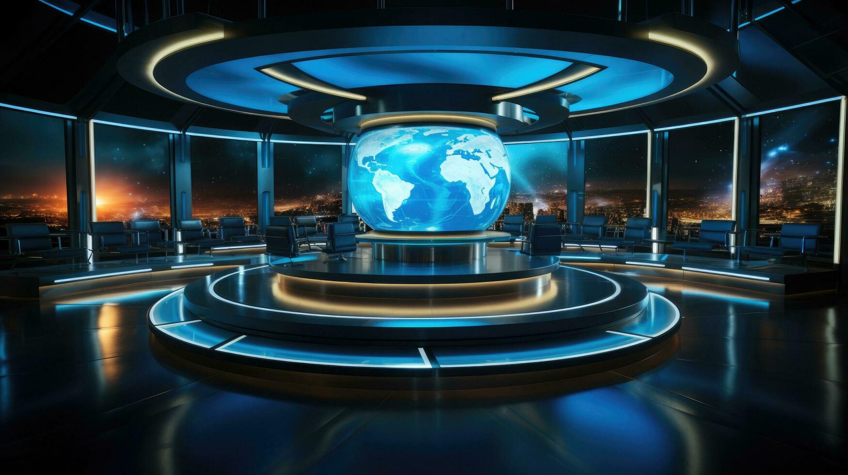 moderno televisión estudio para mundo rotura Noticias con equipo para líder reporteros y locutores foto